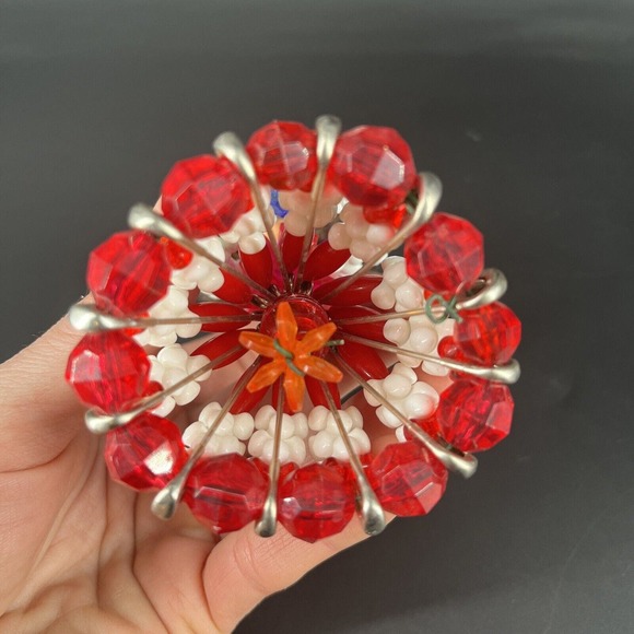 Vintage Tramp Art Doll Head Beaded Safety Pin Girls Blue Red Dress Display - Picture 7 of 16